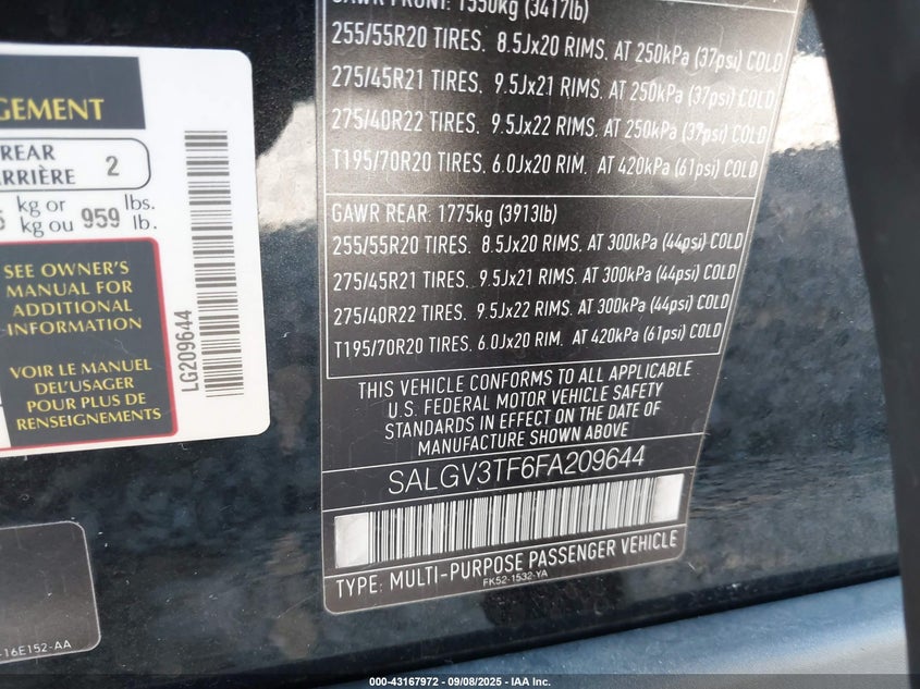 2015 Land rover RANGE ROVER VIN SALGV3TF6FA209644 IAAI salvage auction — ENGINE DAMAGE, Salvage Title, sold $10,100 on 2026-07-08 (photo 9)