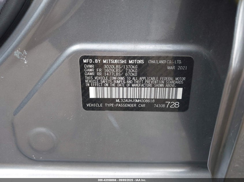 2021 Mitsubishi Mirage VIN ML32AUHJ9MH008618 IAAI salvage auction — RIGHT FRONT, Salvage (New Jersey), sold $1,500 on 2026-07-07 (photo 9)