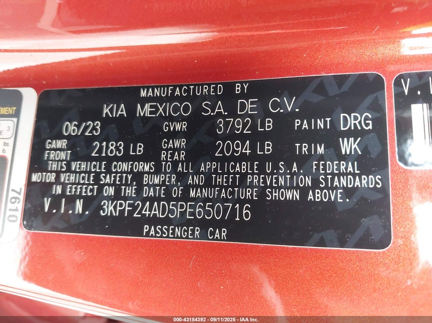 2023 Kia Forte VIN 3KPF24AD5PE650716 IAAI salvage auction — LEFT FRONT, Certificate Of Destruction (Florida), sold $2,850 on 2026-07-20 (photo 9)