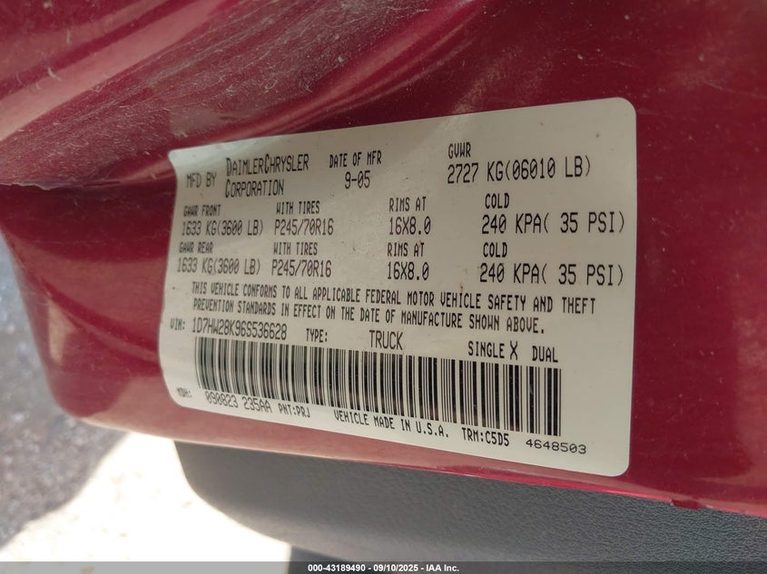 2006 Dodge Dakota VIN 1D7HW28K96S536628 IAAI salvage auction — LEFT SIDE, Salvage (Texas), sold $525 on 2026-07-30 (photo 9)