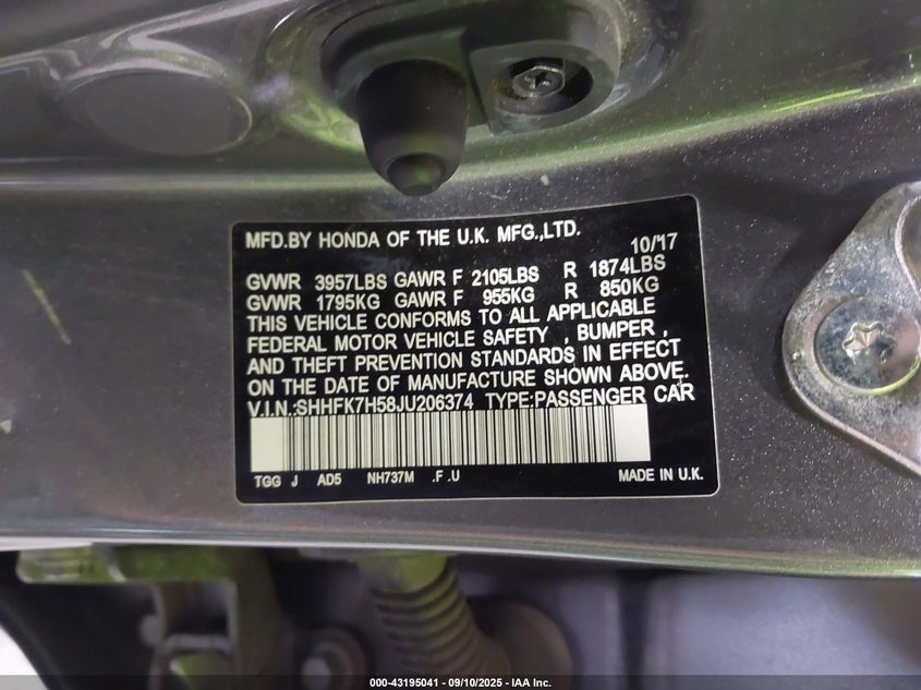 2018 Honda Civic VIN SHHFK7H58JU206374 IAAI salvage auction — FRONT END, Mv-907A (New York), sold $1,600 on 2026-07-15 (photo 9)