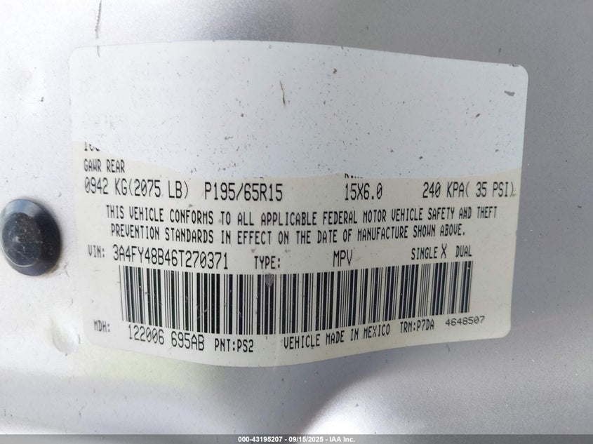 2006 Chrysler Pt cruiser VIN 3A4FY48B46T270371 IAAI salvage auction — LEFT REAR, Unregisterable Title (Parts Only Title) (North Carolina), sold $450 on 2026-07-09 (photo 9)