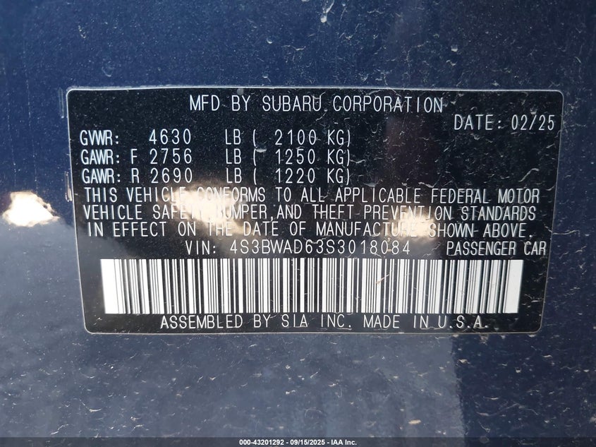 2025 Subaru LEGACY VIN 4S3BWAD63S3018084 IAAI salvage auction — LEFT SIDE, Salvage Title, sold $11,075 on 2026-08-11 (photo 9)