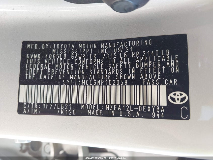 2022 Toyota Corolla VIN 5YFT4MCE6NP102058 IAAI salvage auction — HAIL, Salvage (Montana), sold $6,600 on 2026-07-29 (photo 9)