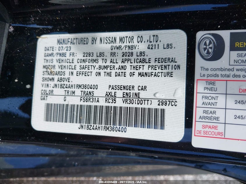 2024 Nissan Z VIN JN1BZ4AH1RM360400 IAAI salvage auction — FRONT END, Salvage - Greater Than 75% (Maryland), sold $8,050 on 2026-07-23 (photo 9)