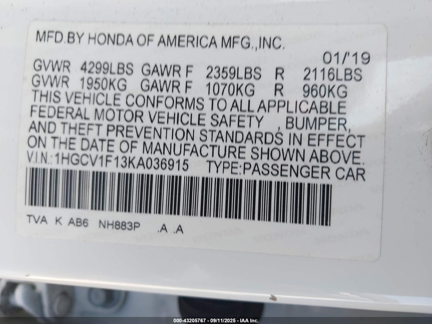 2019 Honda Accord VIN 1HGCV1F13KA036915 IAAI salvage auction — THEFT, Salvage (Illinois), sold $4,050 on 2026-07-21 (photo 9)
