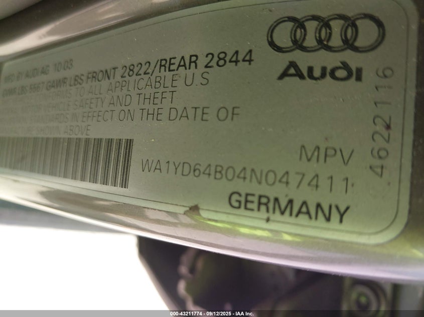 2004 Audi Allroad VIN WA1YD64B04N047411 IAAI salvage auction — LEFT SIDE, Salvage (Texas), sold $25 on 2026-07-10 (photo 9)