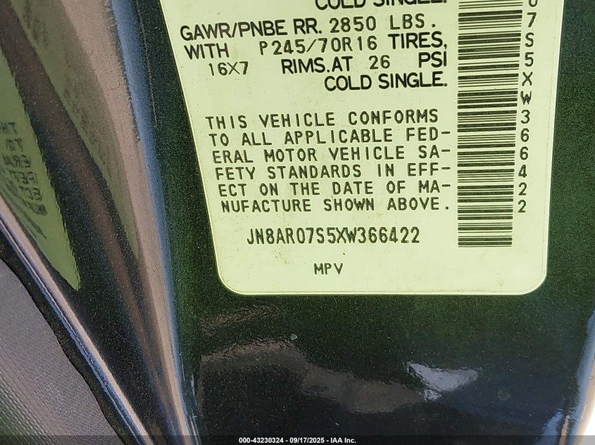 1999 Nissan Pathfinder VIN JN8AR07S5XW366422 IAAI salvage auction — ALL OVER, Clear (Michigan), sold $500 on 2026-07-07 (photo 9)