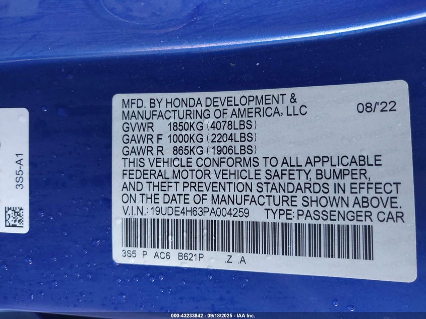 2023 Acura Integra VIN 19UDE4H63PA004259 IAAI salvage auction — REAR END, Salvage (Pennsylvania), sold $10,000 on 2026-07-31 (photo 9)