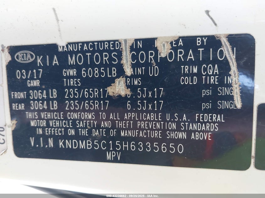 2017 Kia SEDONA VIN KNDMB5C15H6335650 IAAI salvage auction — FRONT END, Salvage Title, sold $650 on 2026-07-23 (photo 9)