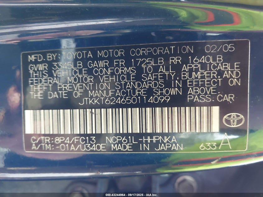 2005 Scion Xa VIN JTKKT624650114099 IAAI salvage auction — FRONT END, Rebuildable (Florida), sold $25 on 2026-07-29 (photo 9)