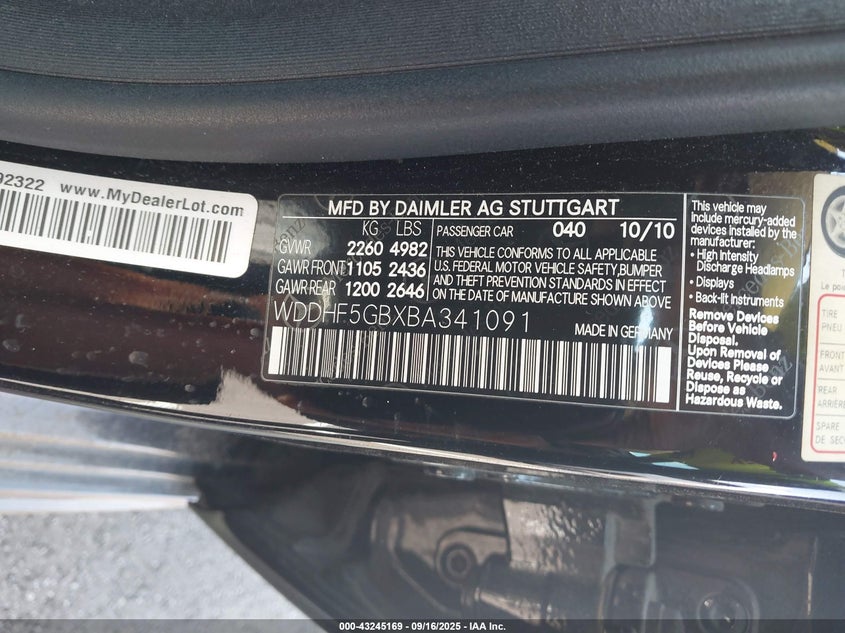2011 Mercedes-benz E-class VIN WDDHF5GBXBA341091 IAAI salvage auction — FRONT END, Clear (Tennessee), sold $875 on 2026-07-14 (photo 9)
