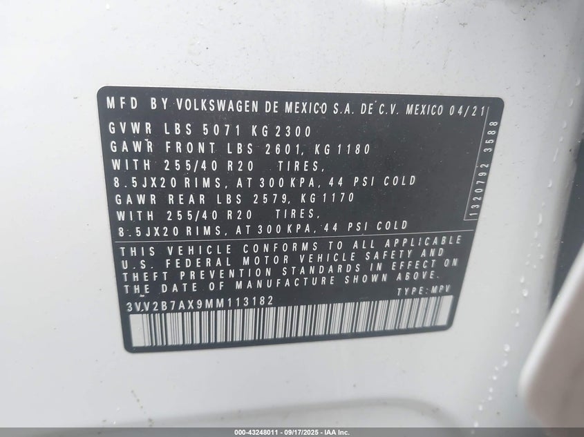 2021 Volkswagen Tiguan VIN 3VV2B7AX9MM113182 IAAI salvage auction — SIDE, Salvage (Idaho), sold $4,200 on 2026-08-10 (photo 9)