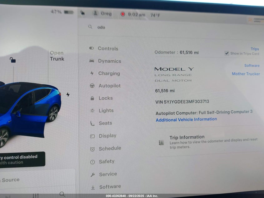 2021 Tesla Model y VIN 5YJYGDEE3MF303713 IAAI salvage auction — RIGHT SIDE, Salvage Title, sold $25 on 2026-07-09 (photo 7)