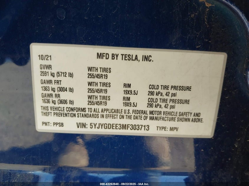 2021 Tesla Model y VIN 5YJYGDEE3MF303713 IAAI salvage auction — RIGHT SIDE, Salvage Title, sold $25 on 2026-07-09 (photo 9)