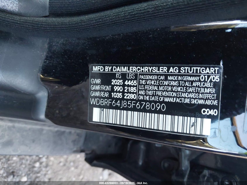 2005 Mercedes-benz C class VIN WDBRF64J85F678090 IAAI salvage auction — REAR END, Bill Of Sale (New York), sold $425 on 2026-07-14 (photo 9)