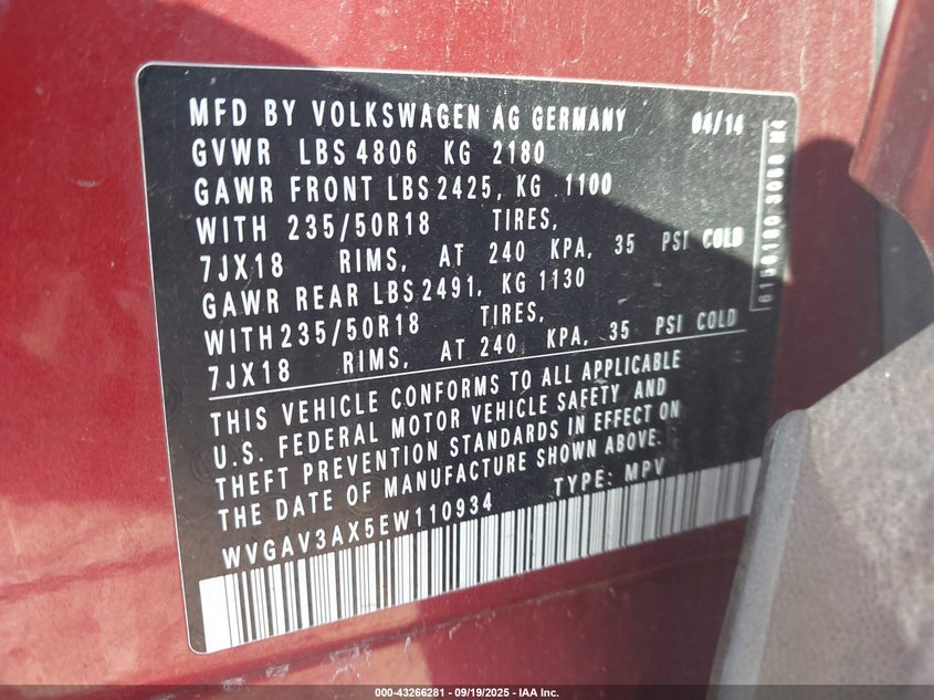 2014 Volkswagen Tiguan VIN WVGAV3AX5EW110934 IAAI salvage auction — LEFT FRONT, Salvage Title, sold $1,025 on 2026-07-07 (photo 9)
