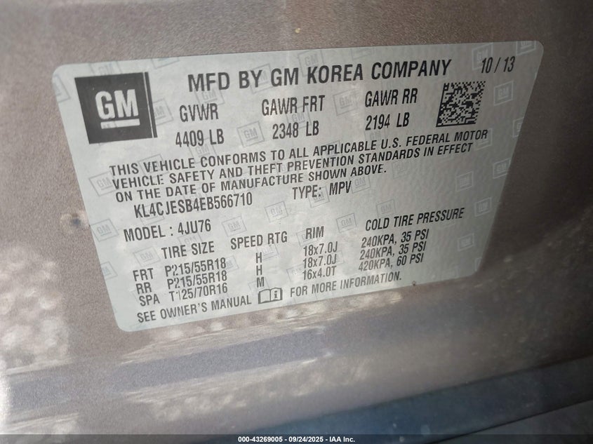 2014 Buick Encore VIN KL4CJESB4EB566710 IAAI salvage auction — FRONT & REAR, Salvage Title, sold $25 on 2026-07-24 (photo 9)
