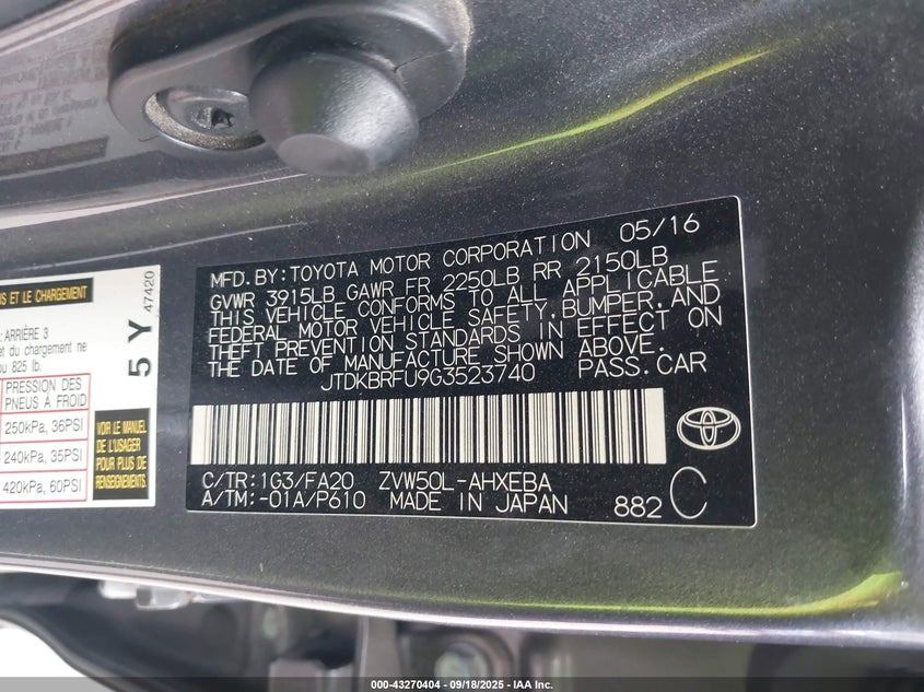 2016 Toyota Prius VIN JTDKBRFU9G3523740 IAAI salvage auction — RIGHT SIDE, Salvage Title, sold $4,025 on 2026-07-08 (photo 9)