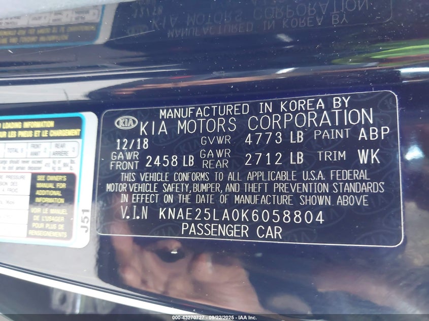 2019 Kia Stinger VIN KNAE25LA0K6058804 IAAI salvage auction — REAR END, Clear (Hawaii), sold $6,100 on 2026-07-18 (photo 9)