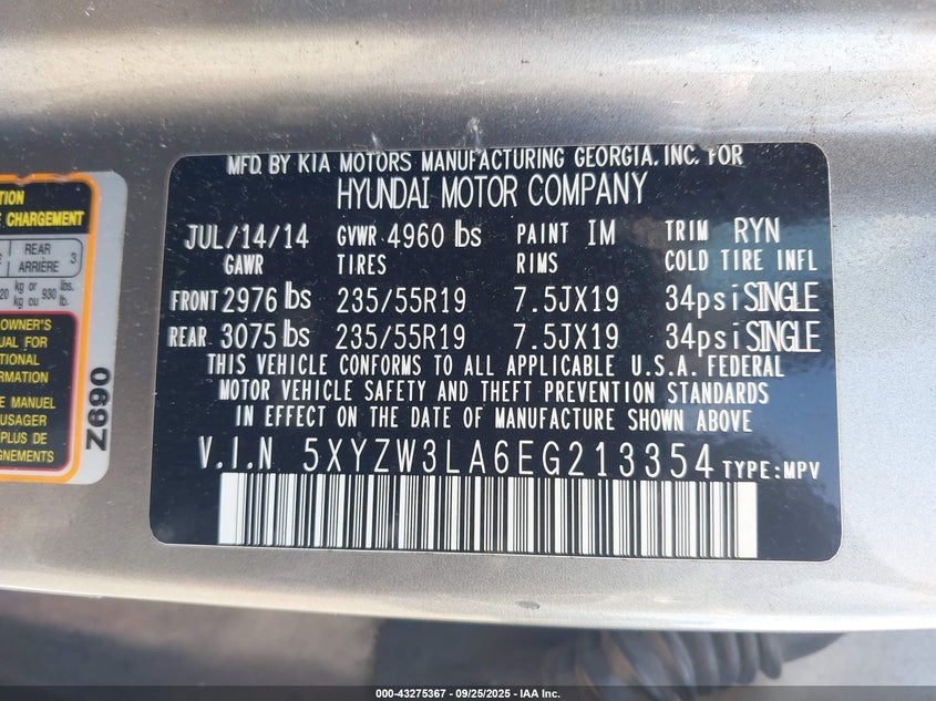 2014 Hyundai Santa fe VIN 5XYZW3LA6EG213354 IAAI salvage auction — LEFT FRONT, Salvage (Georgia), sold $1,200 on 2026-07-27 (photo 9)
