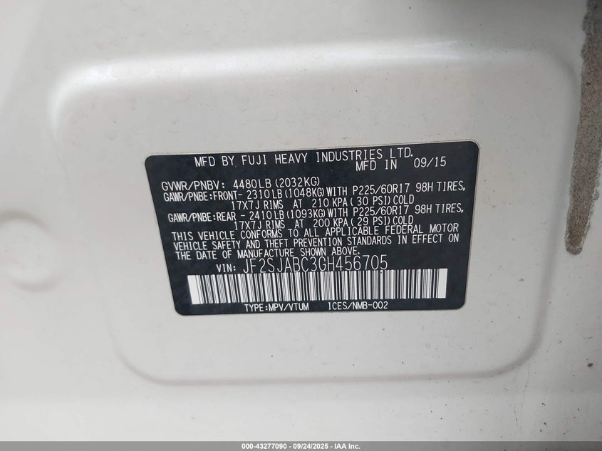 2016 Subaru Forester VIN JF2SJABC3GH456705 IAAI salvage auction — LEFT SIDE, Salvage Title, sold $1,250 on 2026-07-21 (photo 9)