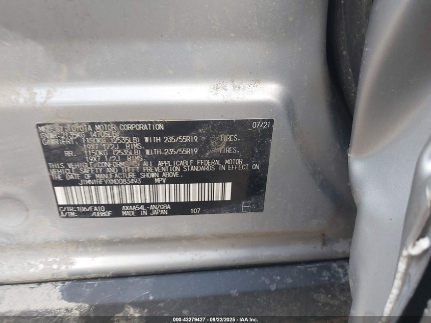 2021 Toyota Rav4 VIN JTMN1RFVXMD083493 IAAI salvage auction — REAR END, Salvage (Vermont), sold $10,750 on 2026-07-30 (photo 9)