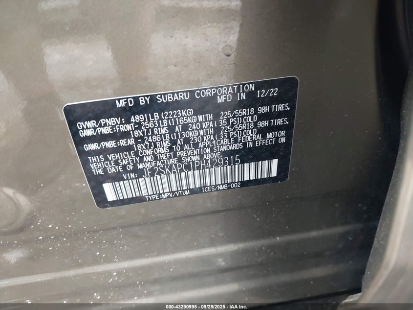 2023 Subaru Forester VIN JF2SKAPC1PH429315 IAAI salvage auction — FRONT END, Mv-907A (New York), sold $2,025 on 2026-07-07 (photo 9)