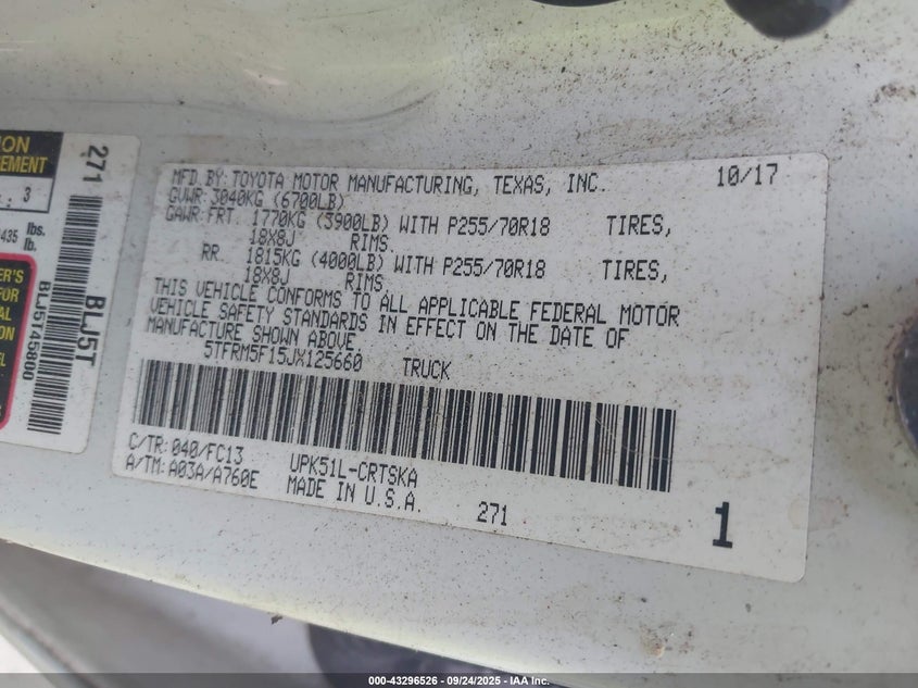 2018 Toyota Tundra VIN 5TFRM5F15JX125660 IAAI salvage auction — FRONT & REAR, Salvage Title, sold $4,450 on 2026-07-08 (photo 9)