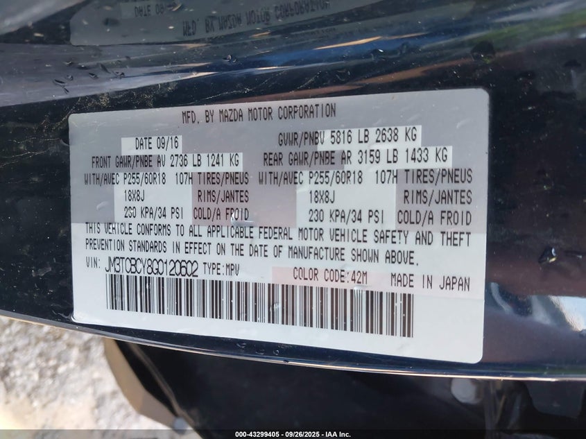 2016 Mazda Cx-9 VIN JM3TCBCY8G0120602 IAAI salvage auction — FRONT END, Salvage (Pennsylvania), sold $3,100 on 2026-07-08 (photo 9)