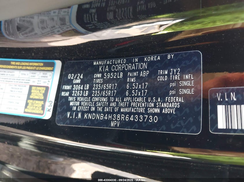 2024 Kia Carnival VIN KNDNB4H38R6433730 IAAI salvage auction — LEFT FRONT, Salvage (Indiana), sold $9,500 on 2026-07-22 (photo 9)