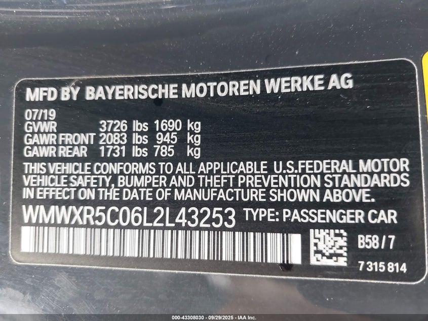 2020 Mini Hardtop VIN WMWXR5C06L2L43253 IAAI salvage auction — FRONT END, Mv-907A (New York), sold $4,150 on 2026-09-11 (photo 9)