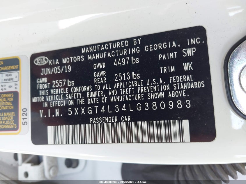 2020 Kia Optima VIN 5XXGT4L34LG380983 IAAI salvage auction — FRONT & REAR, Salvage (Texas), sold $2,850 on 2026-07-29 (photo 9)