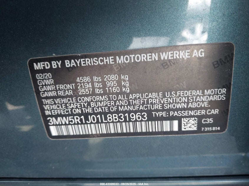 2020 BMW 3 series VIN 3MW5R1J01L8B31963 IAAI salvage auction — FRONT END, Salvage (California), sold $8,100 on 2026-08-20 (photo 9)