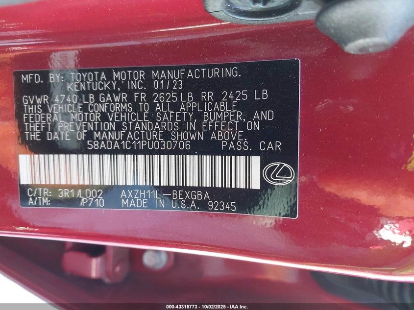 2023 Lexus Es 300h VIN 58ADA1C11PU030706 IAAI salvage auction — FRONT END, Salvage (California), sold $13,150 on 2026-07-29 (photo 9)