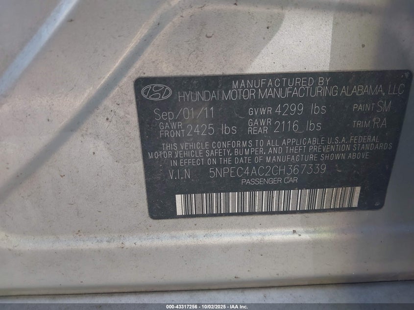 2012 Hyundai Sonata VIN 5NPEC4AC2CH367339 IAAI salvage auction — LEFT FRONT, Clear (Oklahoma), sold $375 on 2026-07-21 (photo 9)