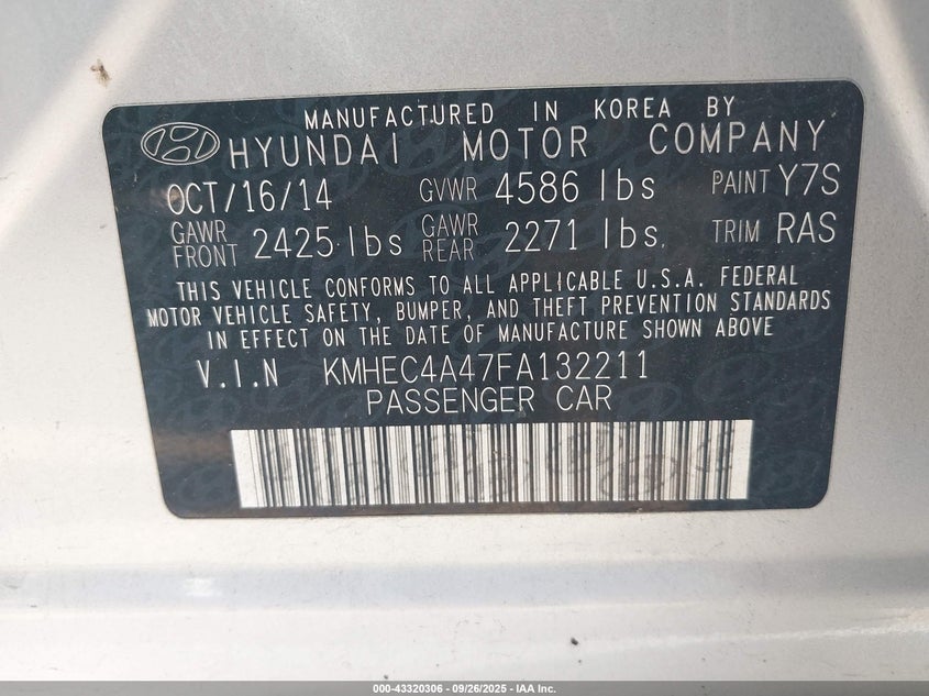2015 Hyundai Sonata hybrid VIN KMHEC4A47FA132211 IAAI salvage auction — FRONT END, Salvage Title, sold $725 on 2026-07-29 (photo 9)