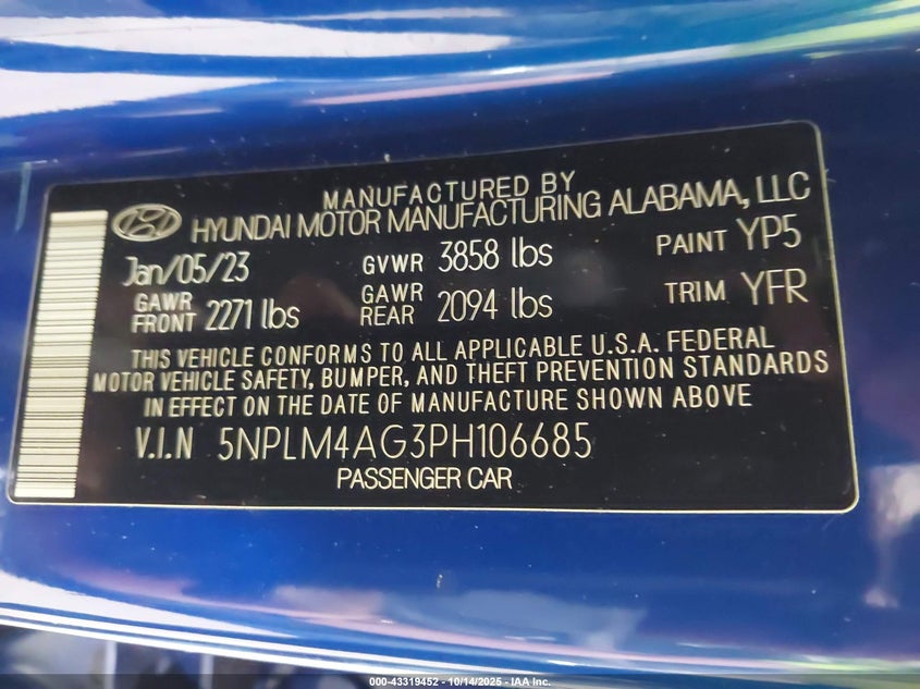 2023 Hyundai Elantra VIN 5NPLM4AG3PH106685 IAAI salvage auction — BIOHAZARD/CHEMICAL, Salvage (New Jersey), sold $1,700 on 2026-07-15 (photo 9)