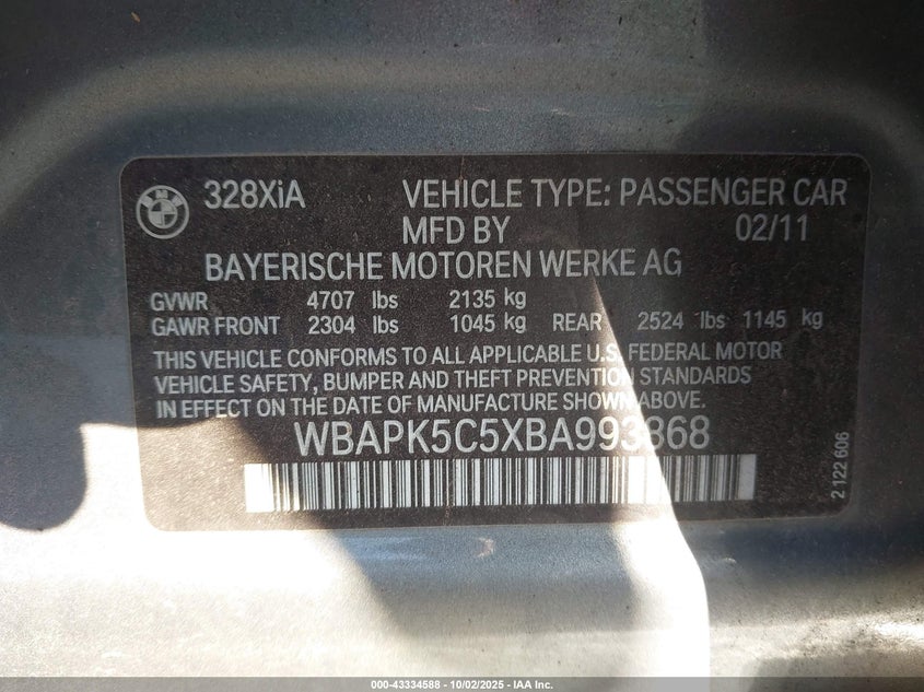 2011 BMW 3er VIN WBAPK5C5XBA993868 IAAI salvage auction — WATER/FLOOD, Salvage (Idaho), sold $225 on 2026-07-16 (photo 9)