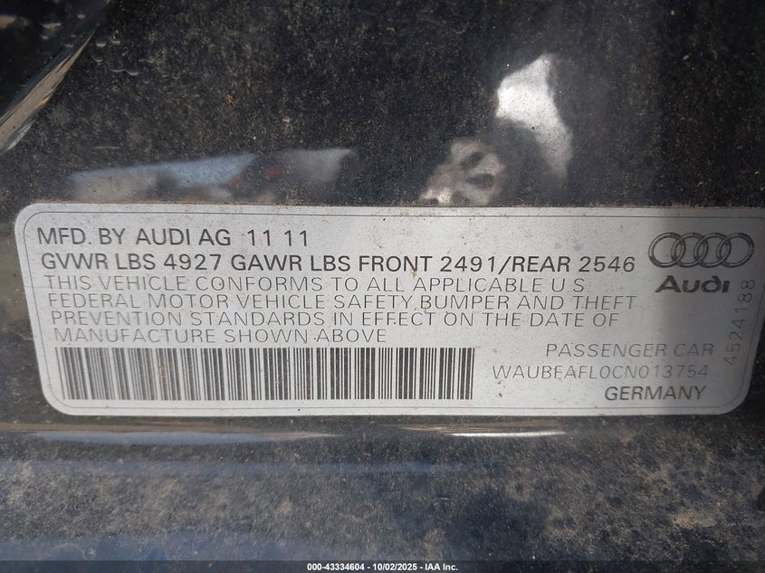 2012 Audi A4 VIN WAUBFAFL0CN013754 IAAI salvage auction — WATER/FLOOD, Salvage Title, sold $400 on 2026-07-16 (photo 9)