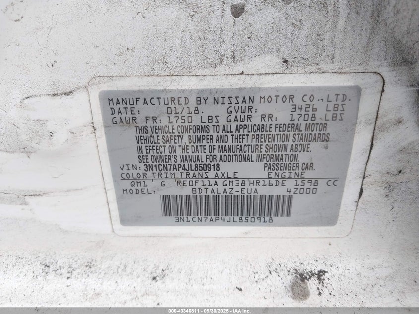 2018 Nissan Versa VIN 3N1CN7AP4JL850918 IAAI salvage auction — REAR END, Salvage Title, sold $900 on 2026-07-23 (photo 9)