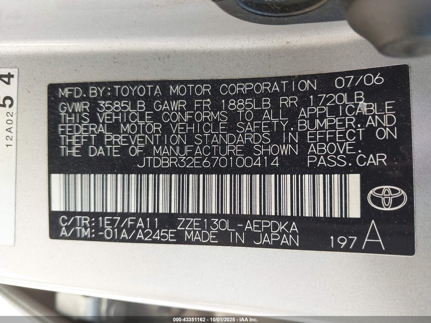 2007 Toyota Corolla VIN JTDBR32E670100414 IAAI salvage auction — FRONT END, Salvage (North Carolina), sold $25 on 2026-07-27 (photo 9)