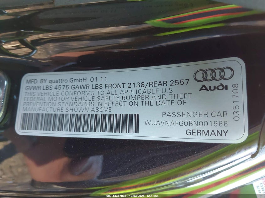 2011 Audi R8 VIN WUAVNAFG0BN001966 IAAI salvage auction — REAR END, Mv-907A (New York), sold $15,600 on 2026-08-04 (photo 9)