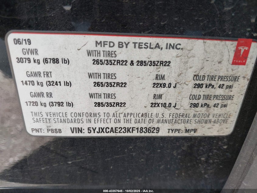 2019 Tesla Model x VIN 5YJXCAE23KF183629 IAAI salvage auction — REAR END, Salvage Title, sold $9,400 on 2026-07-29 (photo 9)