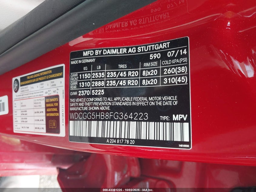 2015 Mercedes-benz Glk-class VIN WDCGG5HB8FG364223 IAAI salvage auction — RIGHT SIDE, Salvage Title, sold $4,000 on 2026-07-09 (photo 9)