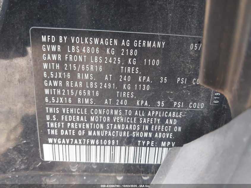 2015 Volkswagen Tiguan VIN WVGAV7AX7FW610991 IAAI salvage auction — LEFT FRONT, Salvage (Indiana), sold $725 on 2026-07-22 (photo 9)