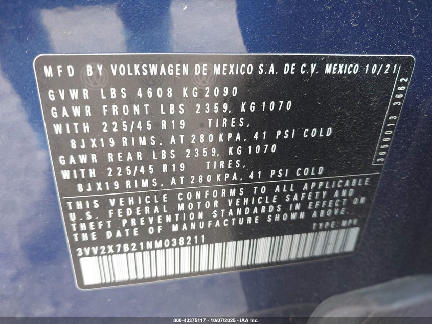 2022 Volkswagen Taos VIN 3VV2X7B21NM038211 IAAI salvage auction — FRONT END, Salvage - 75% Or Less (Maryland), sold $7,200 on 2026-07-15 (photo 9)