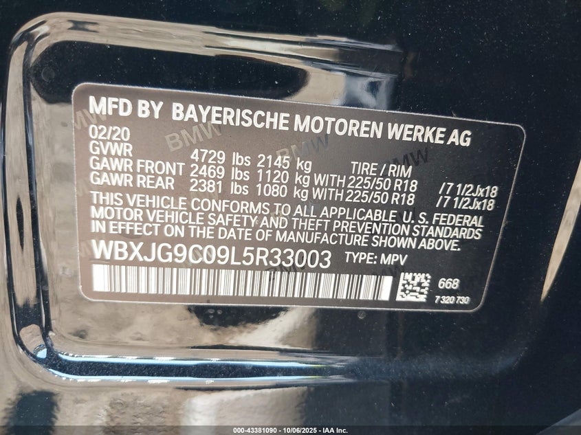 2020 BMW X1 VIN WBXJG9C09L5R33003 IAAI salvage auction — REAR END, Salvage Title, sold $9,275 on 2026-07-08 (photo 9)