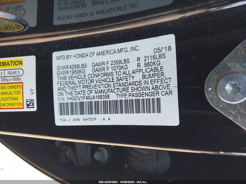 2018 Honda Accord VIN 1HGCV1F49JA168358 IAAI salvage auction — THEFT, Salvage (New Jersey), sold $7,100 on 2026-07-31 (photo 9)