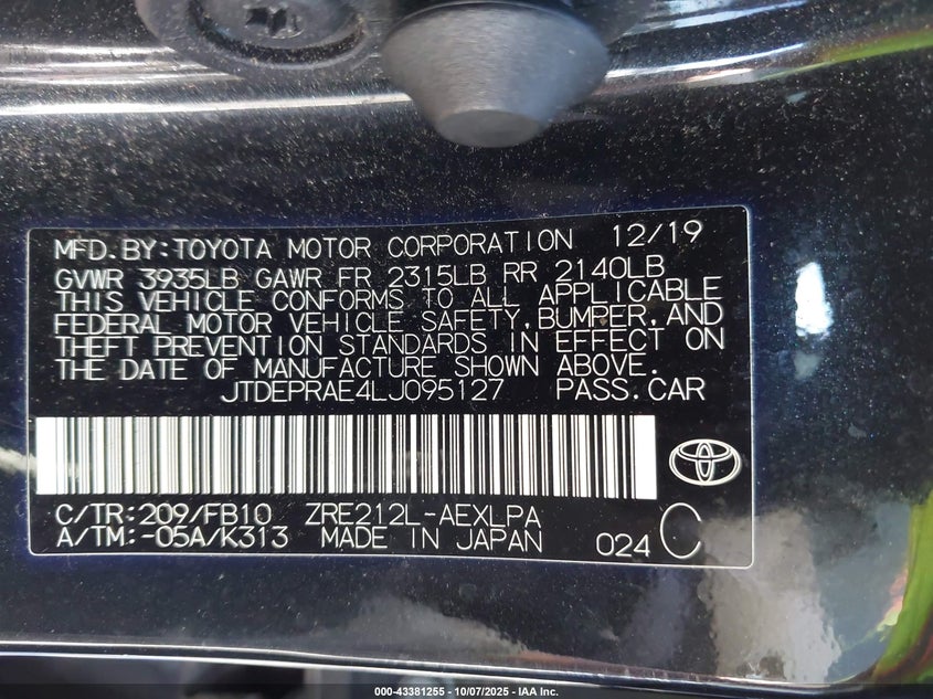 2020 Toyota Corolla VIN JTDEPRAE4LJ095127 IAAI salvage auction — FRONT END, Salvage (New Jersey), sold $3,400 on 2026-07-27 (photo 9)
